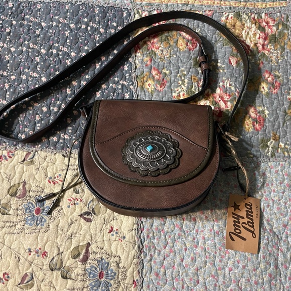 Tony Lama Dark Brown Crossbody Bag with Turquoise Accent - Picture 1 of 4